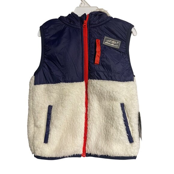Eddie Bauer Kids Hooded Faux Shearling Vest Navy & White Ultrasoft Warm Size 6 - Picture 1 of 7